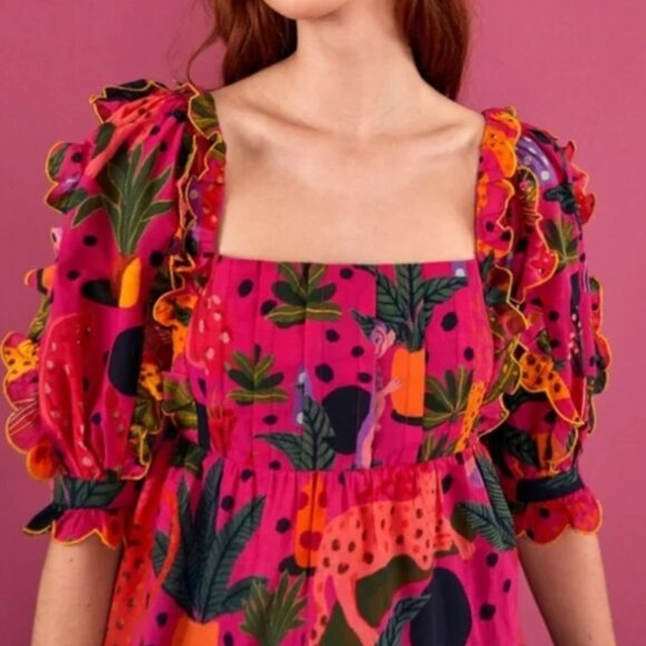 NWOT Farm Rio Pop Leopards Short Puff Sleeves Ruffles Pink Blouse Size XS $160 - Picture 3 of 11